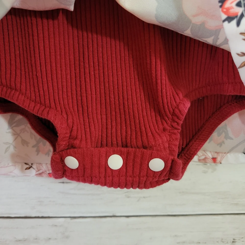 Red Floral Suspender One Piece Long Sleeve Dress for Kids Size 12-18 M - Picture 5 of 9